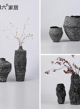 新中式黑色陶瓷复古怀旧花瓶售楼处酒店民宿客栈玄关桌面插干花器