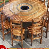 火锅桌商用大圆桌椅组合饭店碳化实木餐桌农家乐大排档电磁炉一1