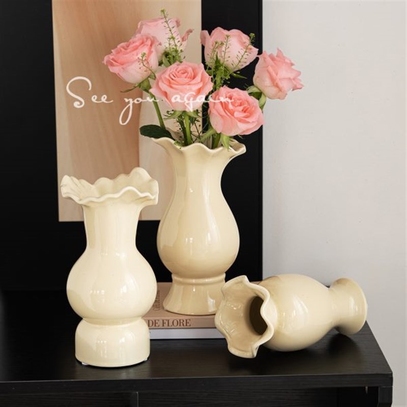 陶瓷高级水养古感奶油花瓶客厅插花鲜花玫瑰专Q用中装饰摆件风法