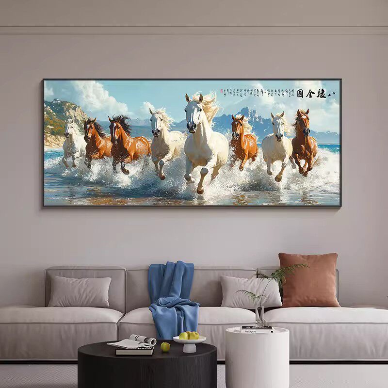 八骏图客厅背景墙装饰画马到成功挂画办公室书房高级壁画现代简约
