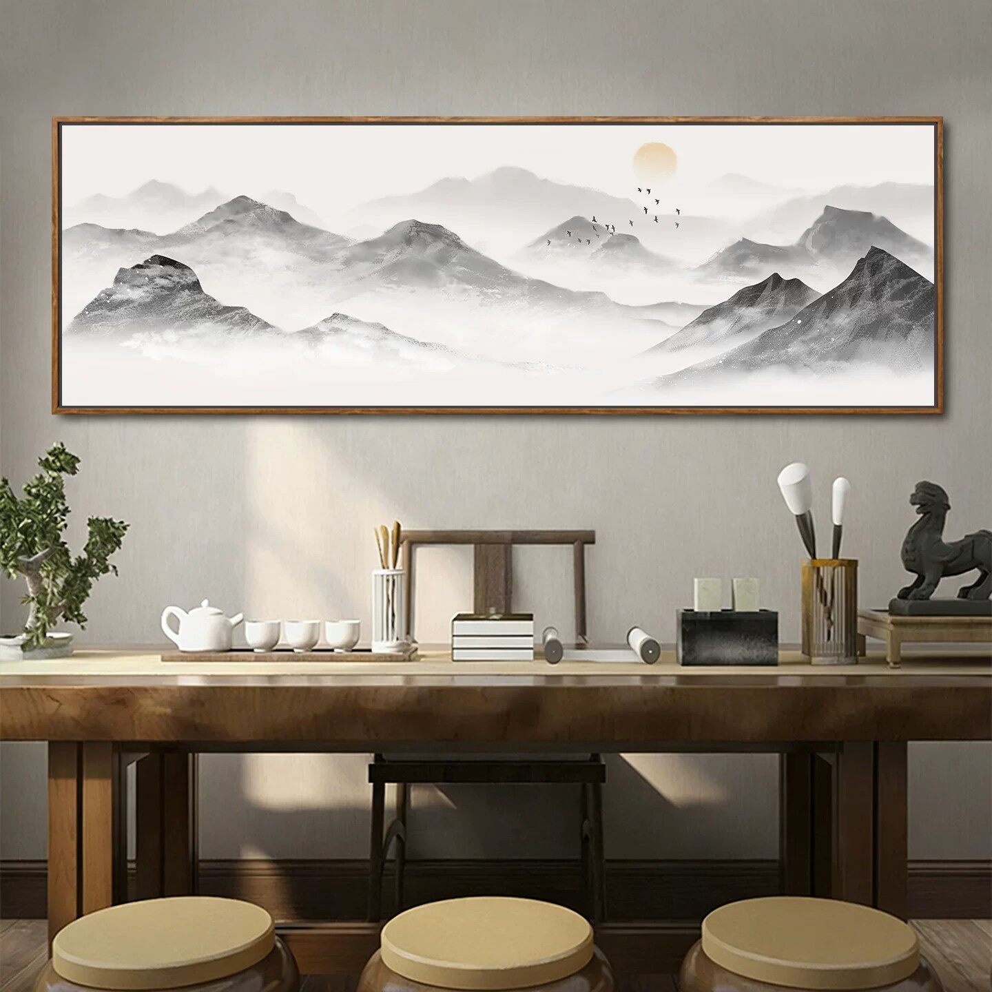 水墨靠山图办公室背景墙装饰画新中式有山无水挂画客厅壁画高级感