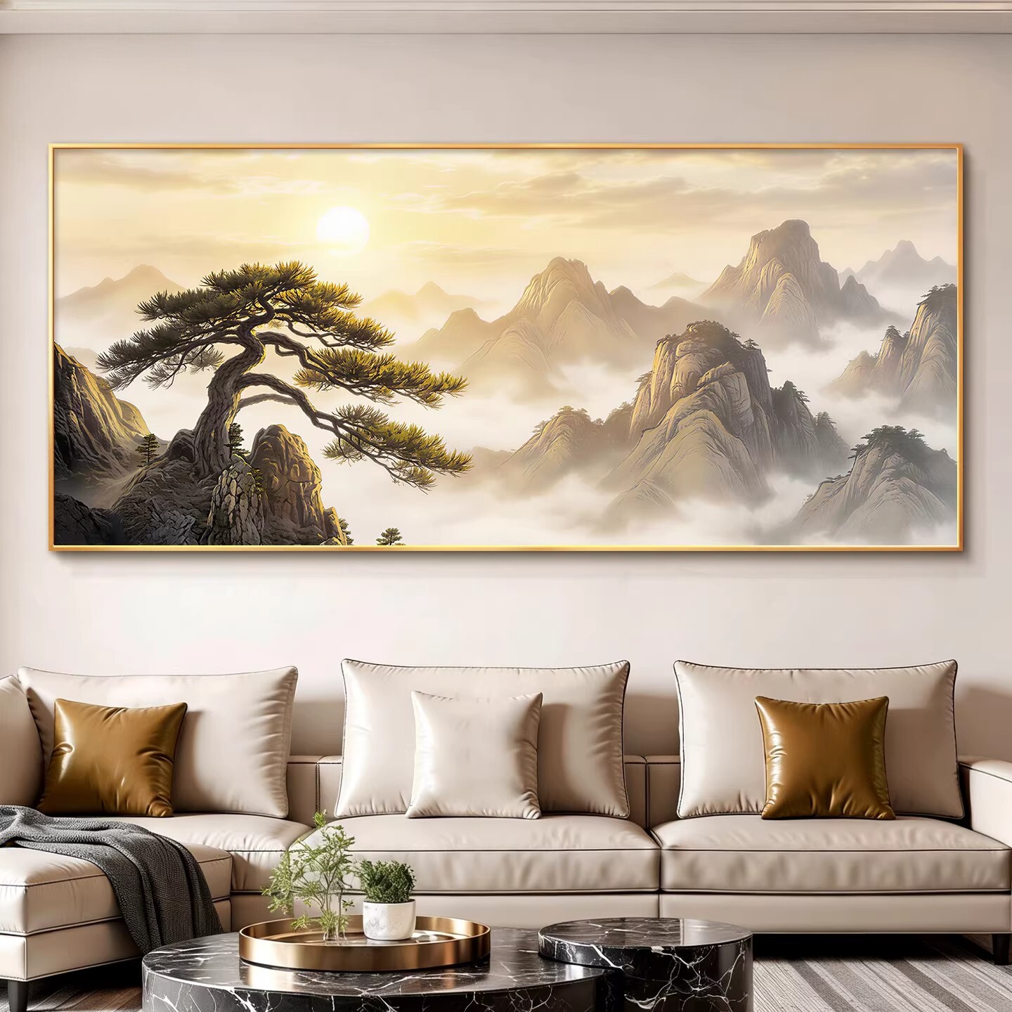 旭日东升客厅背景挂画迎客松金山装饰画卧室书房办公室靠山图壁画