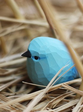 鹿妖商店 溜圆版山地蓝知更鸟山蓝鸲 肥啾鸟 胖鸟木.雕创意摆件