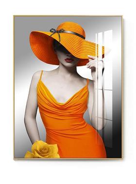 现轻奢代人物装饰画橙色美女关客厅大幅壁画欧北玄竖版墙上LB橙色