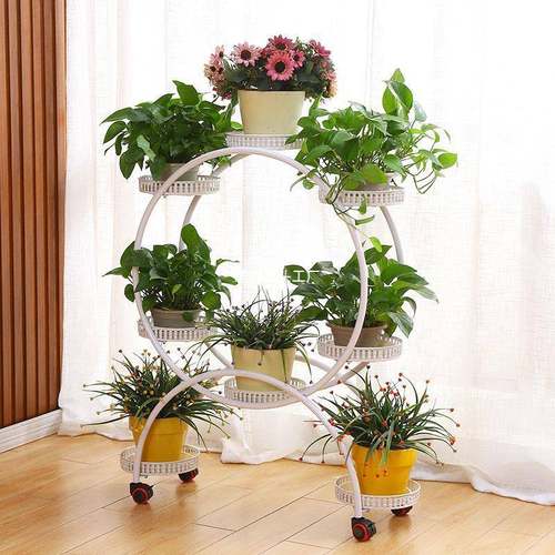 花子厅落地式铁客艺多层可移大圈多层架动推拉带轮花盆架绿萝台阳
