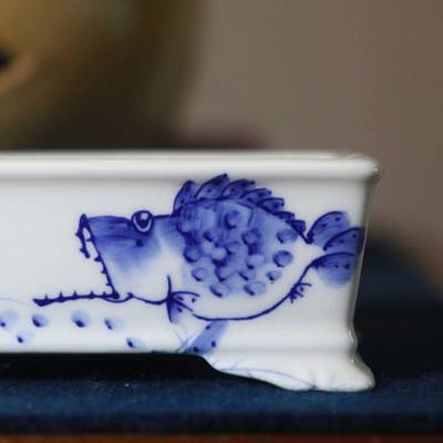 趣陶瓷花盆手工手绘彩花绘盆景盆仿玩星古宇收tb-80826藏青鳜鱼青