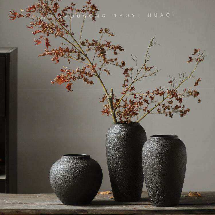 北欧复古磨黑色陶客罐砂陶瓷干花花瓶摆MML件家居粗厅禅意插花陶