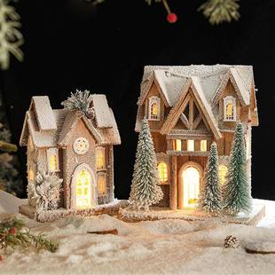圣诞雪851木屋木质发光雪景雪子小木屋摆件欧式 古原木小复房屋
