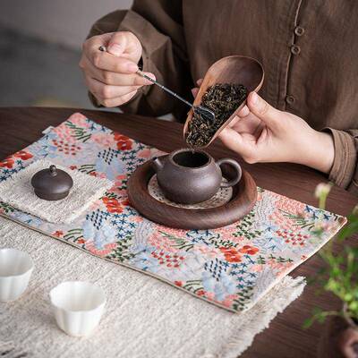 观手工12390刺绣花海泡干茶席茶茶桌旗中式禅意具隔热防岚滑垫茶