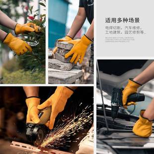 现革货皮工作羊手套耐磨防刺穿皮手套用庭院工程劈柴园艺种黄色M