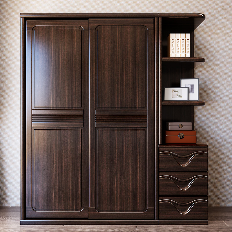 紫金檀木衣柜新中式实木推拉门家用卧室大容量储物对开原木大衣橱