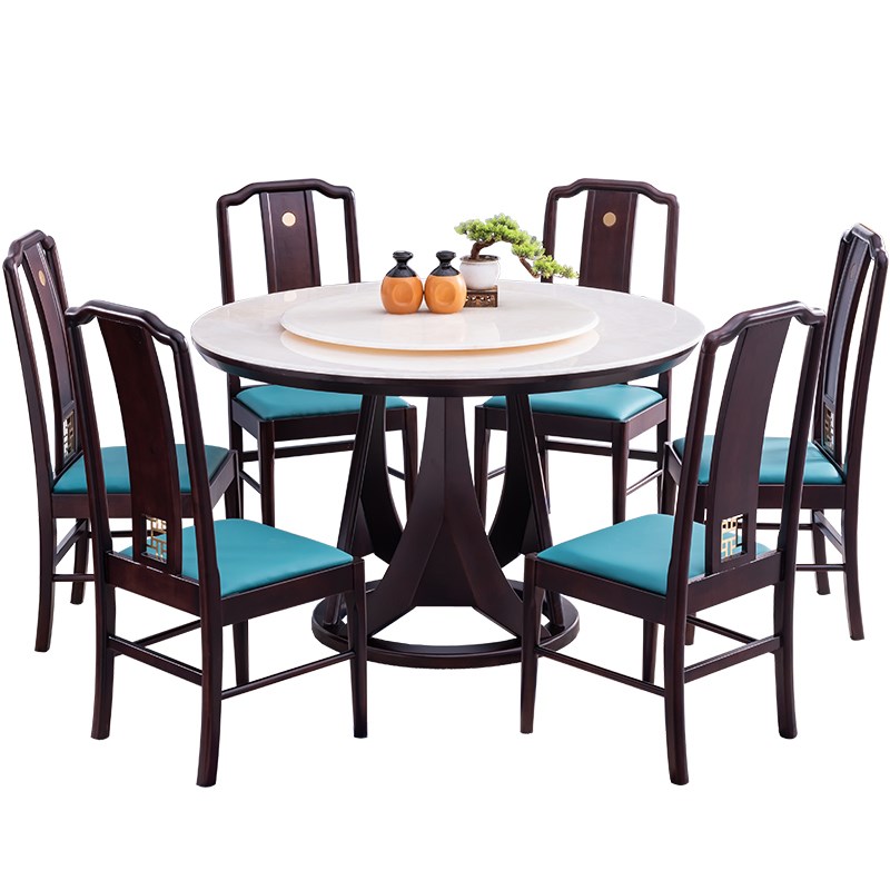 天然大理石餐桌 新中式高端圆餐桌 实木圆形家用饭桌1.5m轻奢圆桌