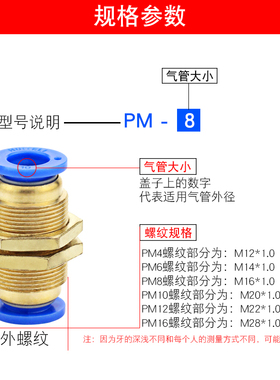 304不锈钢外螺纹气动气管铜快插快速接头PM4/6/8/10/12mm隔板直通