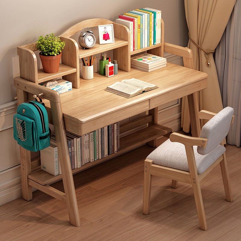 北欧全实木书桌带书架儿童家用简约中小学生学习写字桌卧室电脑桌