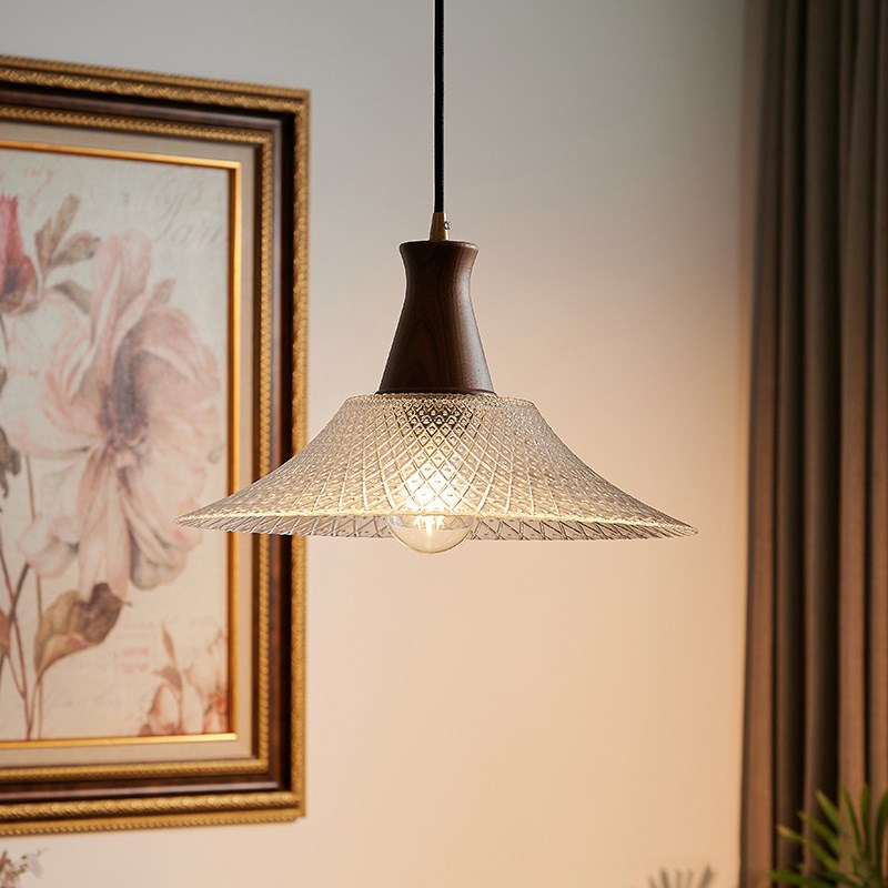 中古风覆古胡桃木玻璃饭厅u吊灯咖啡厅餐桌吧台吊灯卧室床头小吊