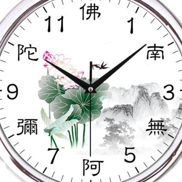 南无阿弥陀佛莲花时钟民族风荷花燕子圆形挂钟表12寸圆形扫秒静音
