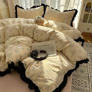 2025新款黑花边双层纱水洗针织棉韩版公主风四件套被套法式床单款