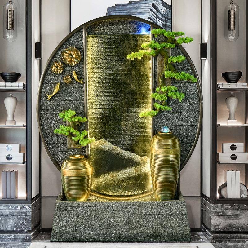 中式水车双面圆形水幕墙流水屏风办公室阳台庭院玄关大堂假山摆件