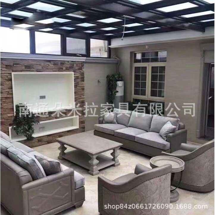 美式复古轻奢别墅客厅三人单人布艺实木沙发组合茶几脚凳组合