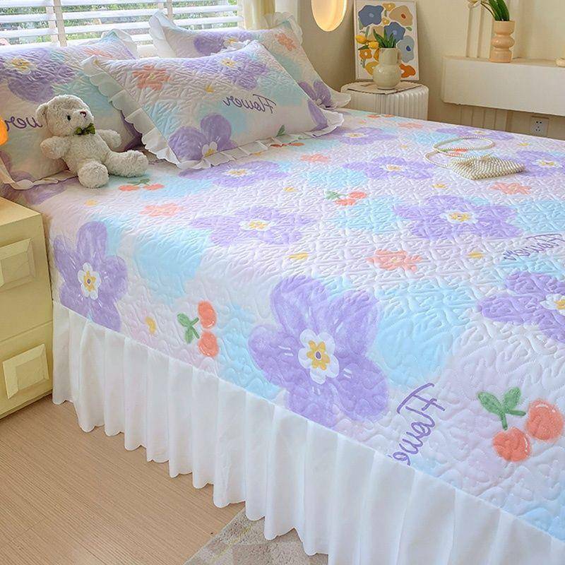 四季通用床裙花边加公件主床单三套夹棉小花厚边床盖pxx10033防单