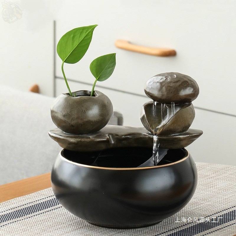 茶鱼缸桌面喷泉禅意陶瓷装饰小号客厅循环水流水生财摆件家居上釉