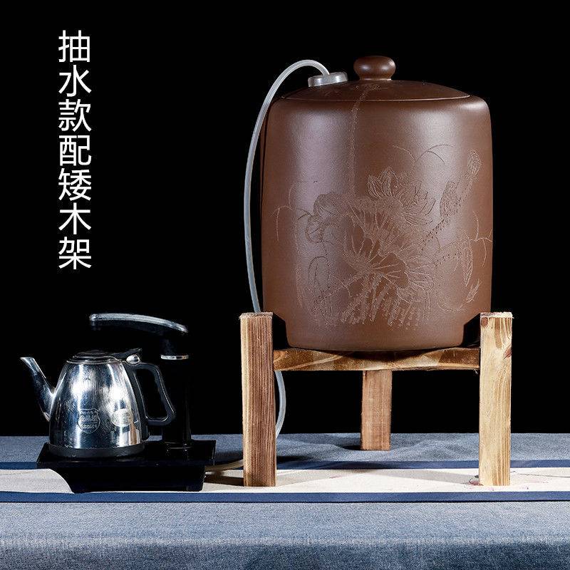 佳佳 25L紫砂水缸 宜兴原矿紫泥全手工刻荷花大号储水缸无釉家用