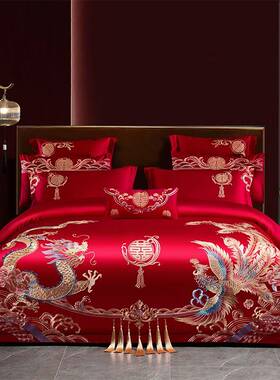 100支长绒棉龙凤刺绣婚庆四件套大红色被套纯棉结婚床上用品4