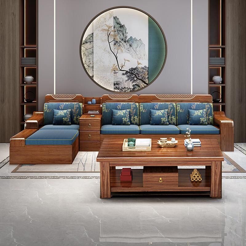 金丝胡桃木实木沙发组合现代中式冬夏两用客厅小户型储物家用家具