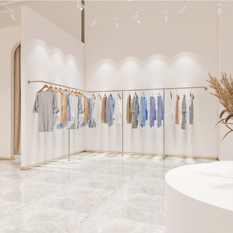 服装店展示架上墙挂衣架女装店悬挂式落地式不锈钢拉丝银衣服架子