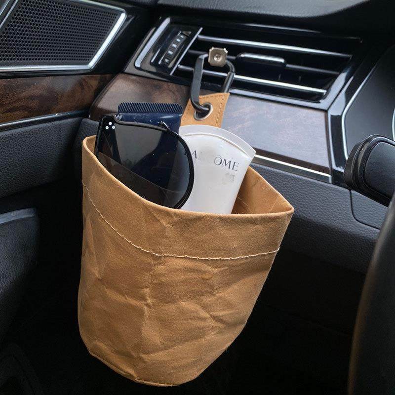 汽车车载收纳置物袋垃圾桶挂式车内空调出风口可水洗牛皮纸袋其他
