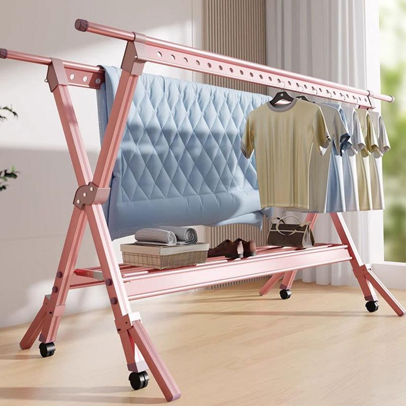 铝合金置地伸缩晾衣架落地加厚折叠移动衣架多功能晾晒架子晒衣杆