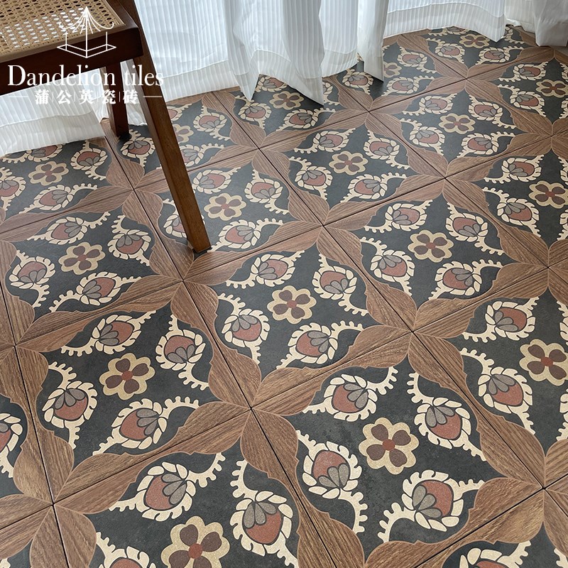 南洋复古花砖f木纹拼花阳台防滑地砖玄关厨房瓷砖民宿咖啡店仿古