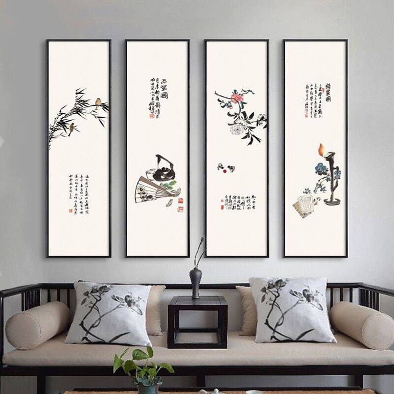 大芬油画村挂画客厅中式梅兰竹菊装饰画四联水墨荷花国画书房茶室