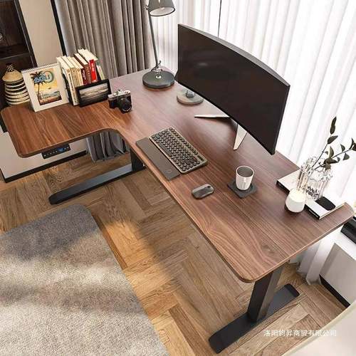 黑胡桃木转角书桌电动可升降型实木电脑桌现代简约转角电竞桌子
