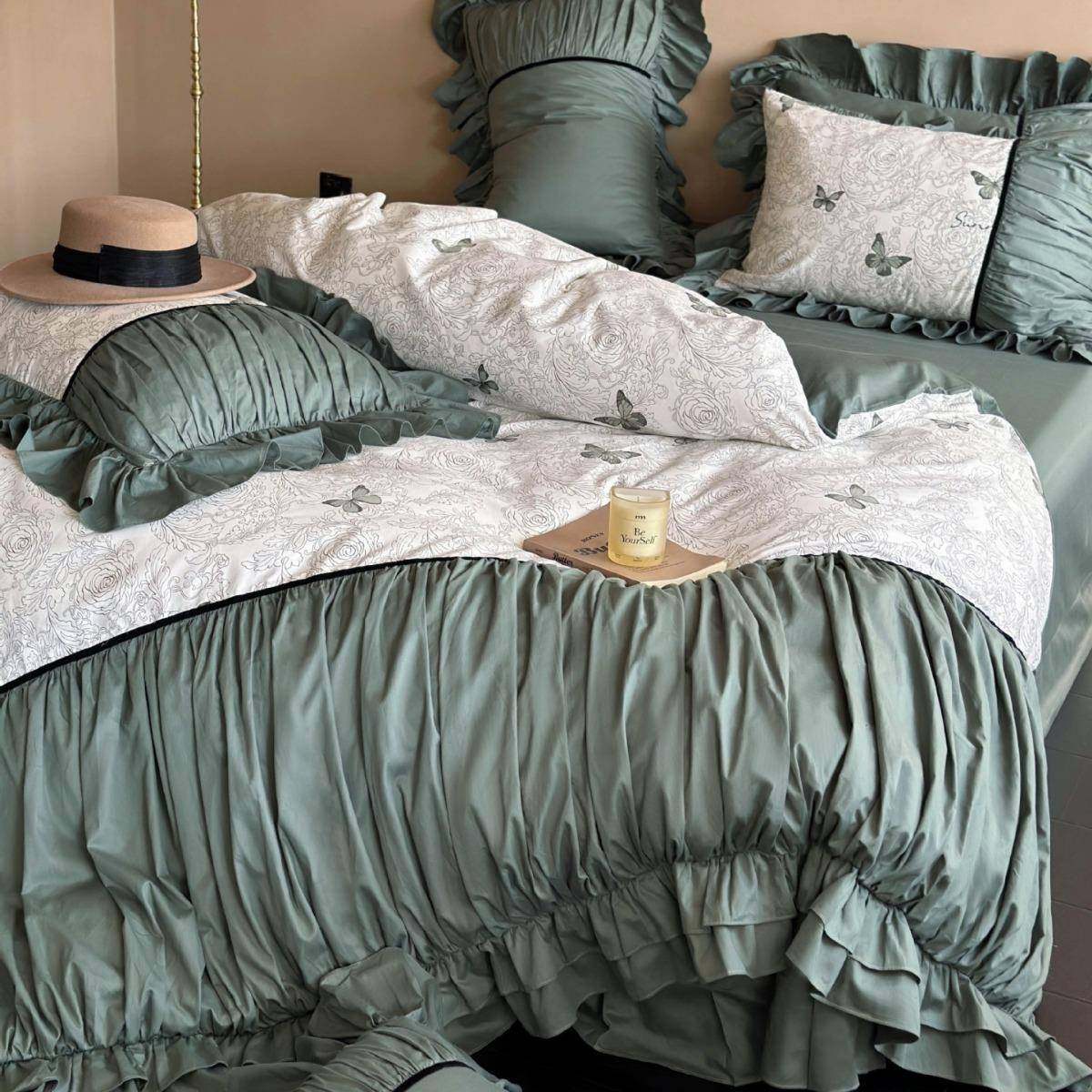 复古褶皱全棉蝴蝶印花四件套纯棉法式被套床单垂顺亲肤床上用品