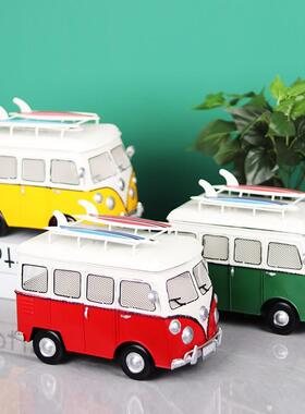 复古巴士铁艺纸巾盒怀旧创意汽车模型摆件桌面收纳装饰品厂家直销