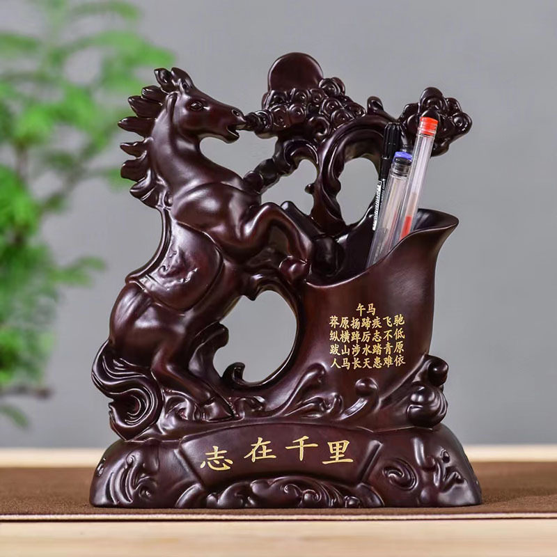 黑檀木雕刻十二生肖午马笔筒摆件木质笔筒办公室桌面摆饰商务送礼