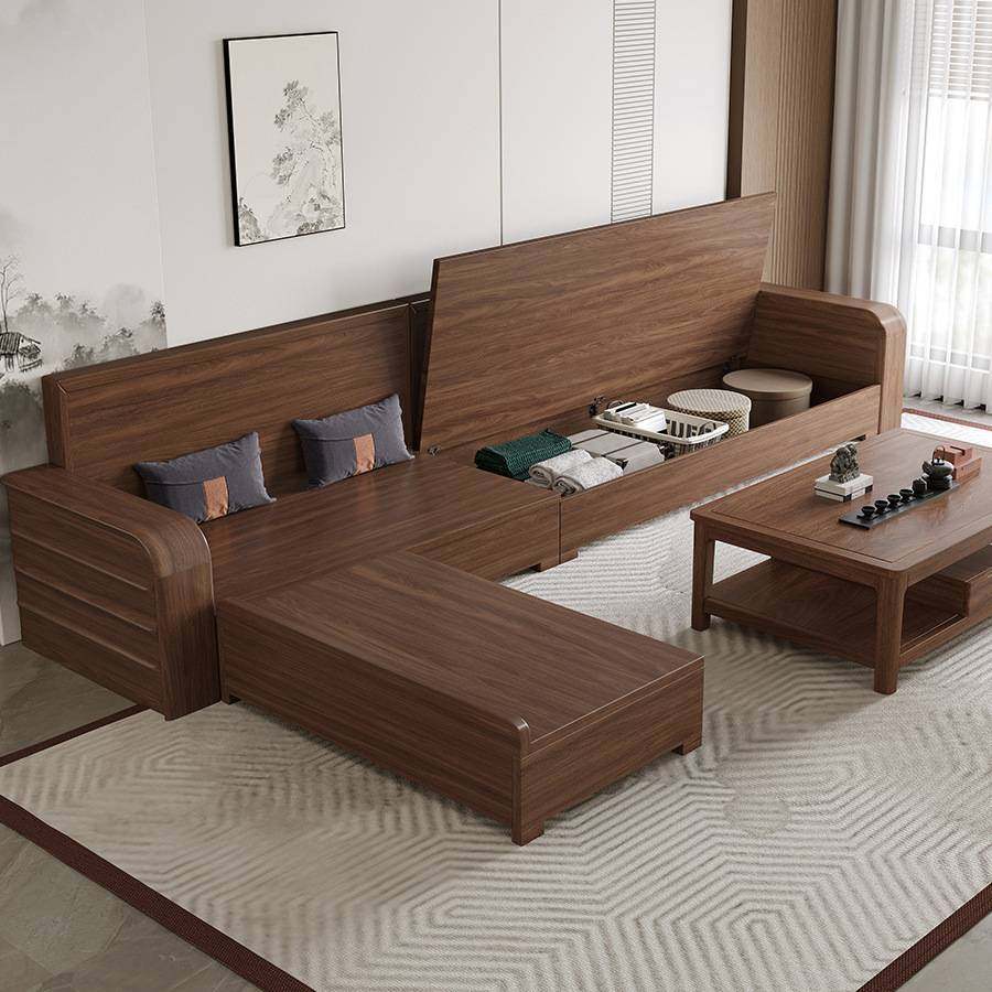 全实木沙发南美黑胡桃木新中式高箱储物转角贵妃冬夏两用现代简约