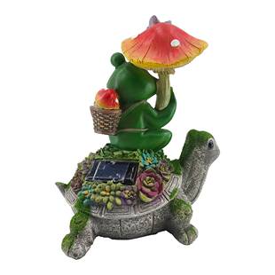 青蛙撑蘑菇伞坐多肉乌龟背上摆件树脂工艺品庭院太阳能动物装饰品