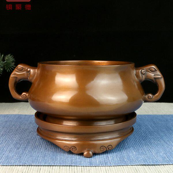 铜聚德 紫铜仿古宣德款带底象首耳熏炉 纯铜家用室内供奉线香炉