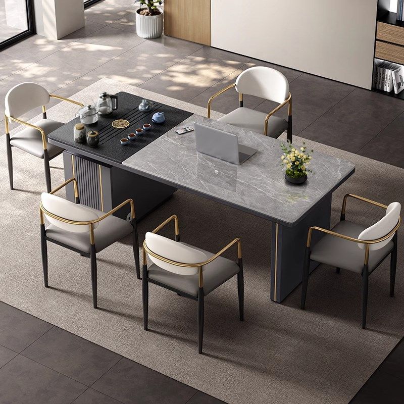 现代办公茶桌一体办公室轻奢岩板茶桌椅组合书桌S两用办公桌带茶