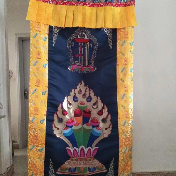 精品藏式门帘 十相自在 蓝色摩尼宝火焰图案 2&times;1米