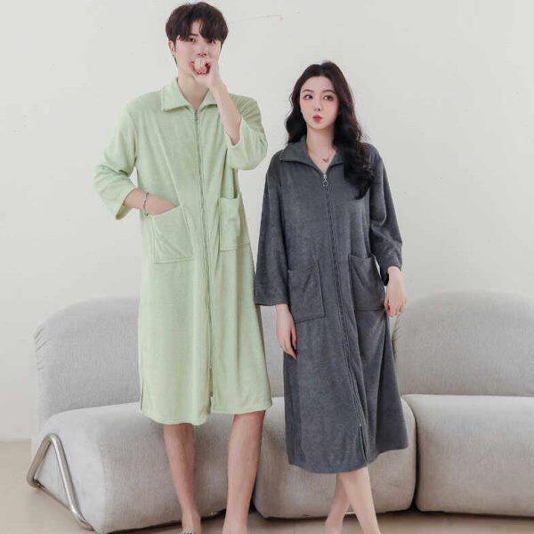 毛巾料拉链浴袍女薄款亲肤吸水不掉毛浴裙式浴巾加肥加大码浴衣男