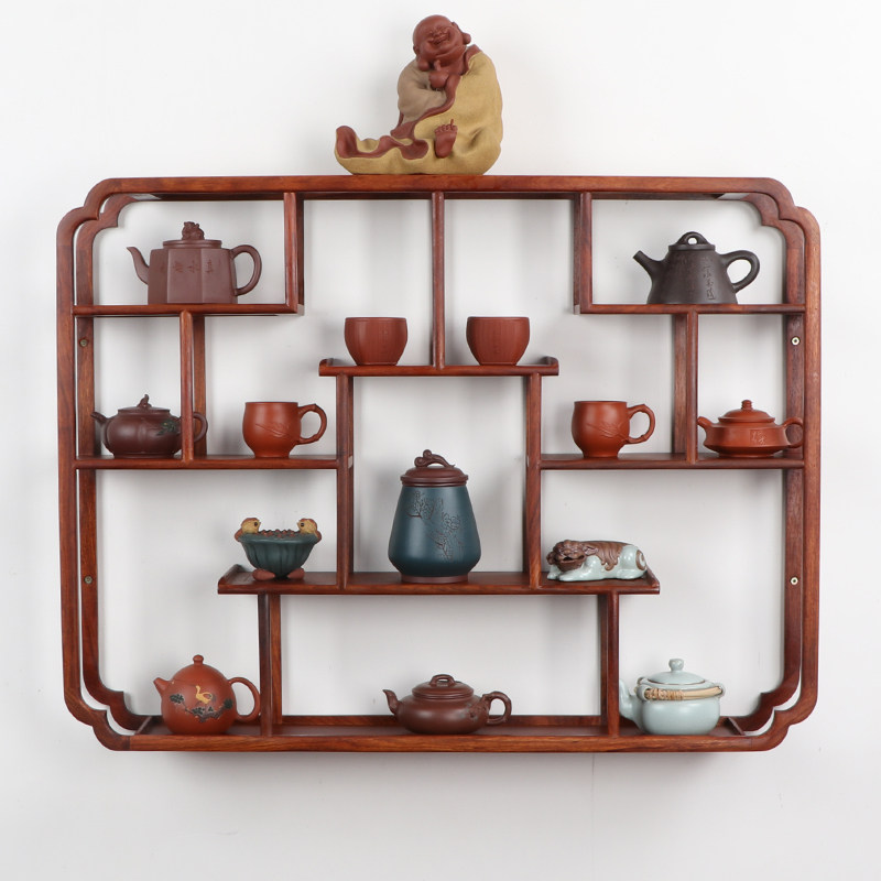 花梨小博古架挂墙多宝阁实木中式茶架壁挂L式置物架古董架茶壶架
