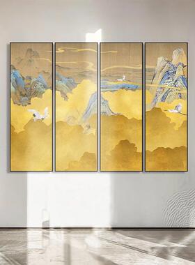 中式竖版装饰画抽象黄色意境风景画酒店大堂四联画茶室瑞鹤图挂画