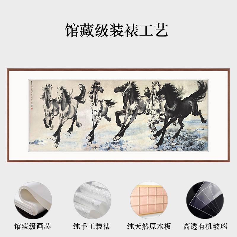 徐悲鸿八骏图客厅挂画办公室名家字画马到成功招财大气实木装饰画
