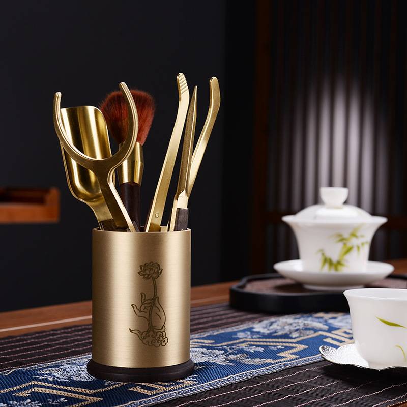 复古风中式黑檀实木铜茶道 功夫笔筒茶勺茶夹配件六君子茶具配件
