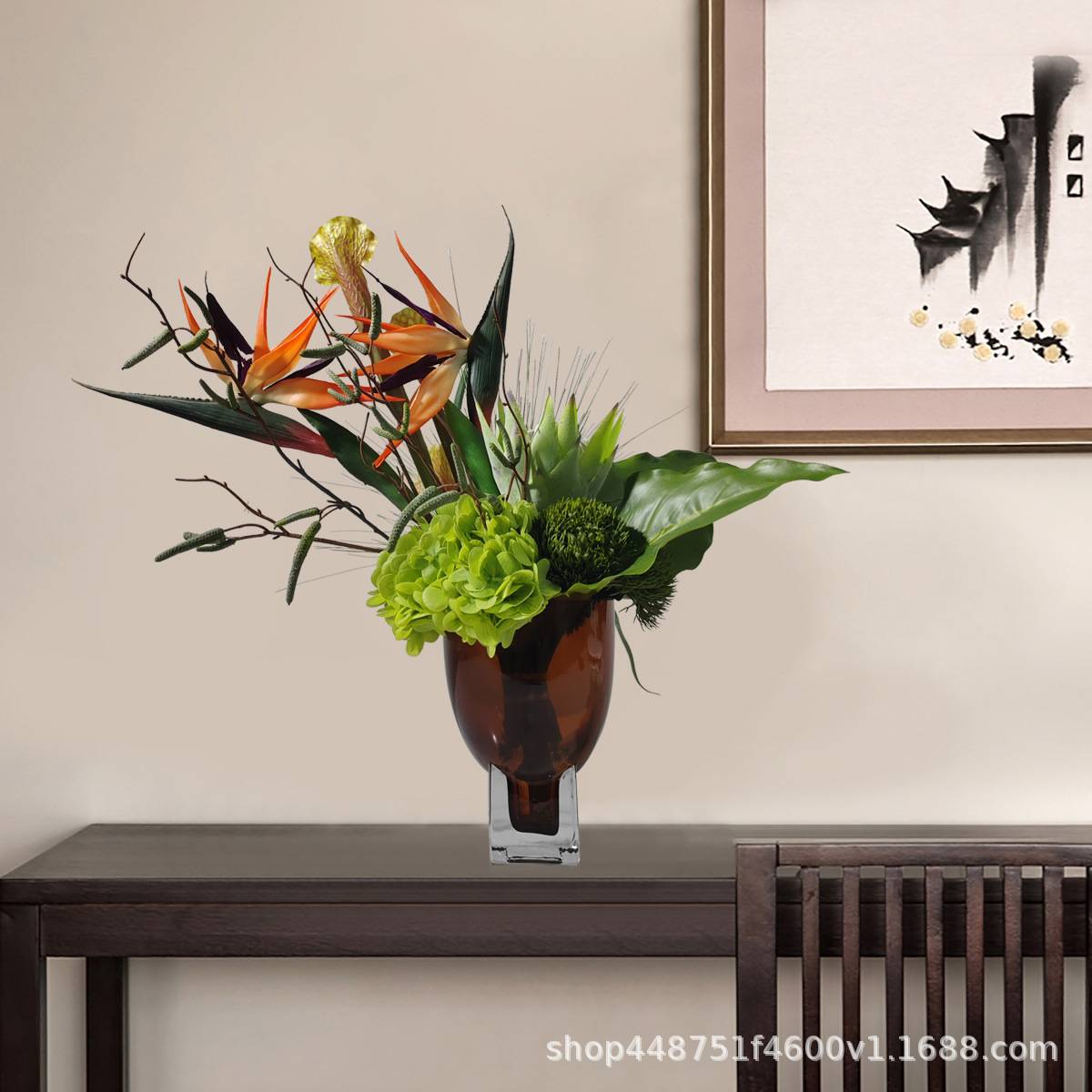 现代高档插花盆景玻璃花瓶仿真花艺轻奢摆件玄关茶几酒店装饰摆设