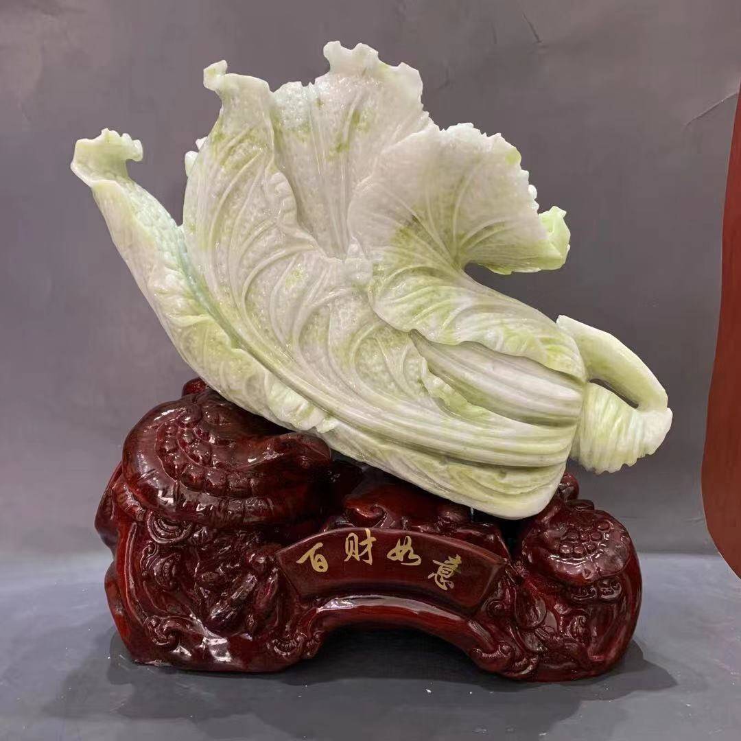 玉雕工艺品辽宁岫玉白菜摆件办公桌酒柜装饰品遇百财大白菜摆件