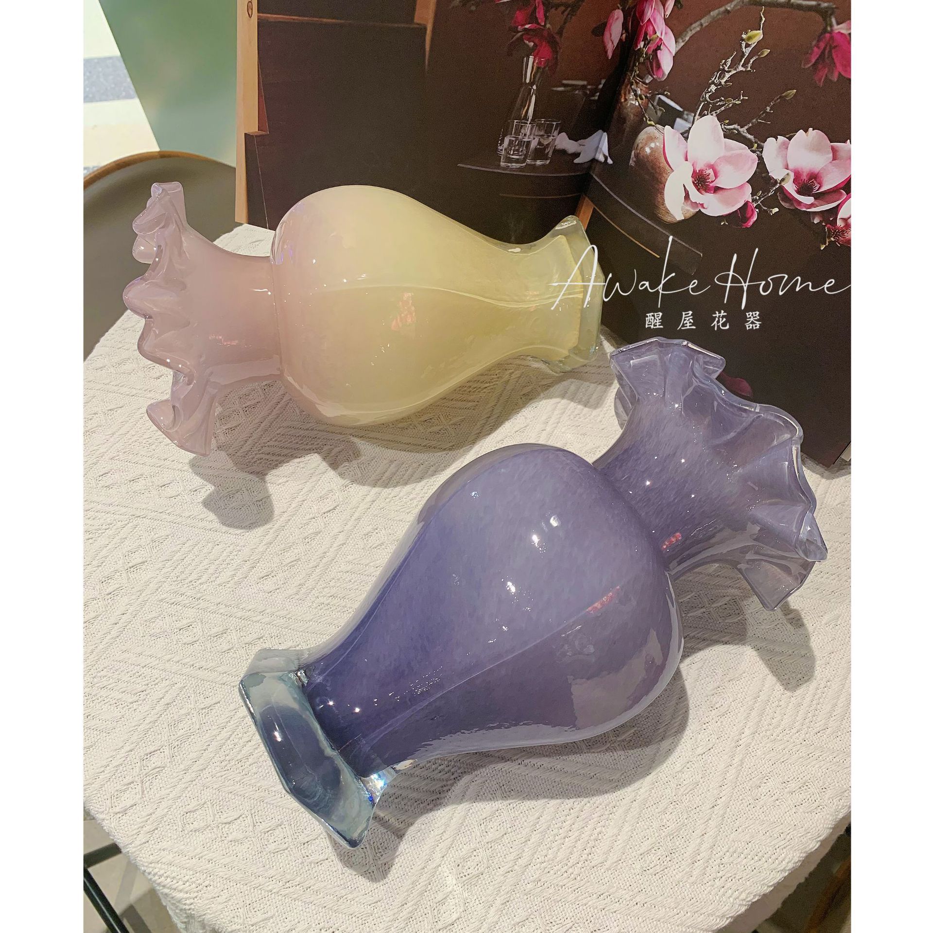 中古芬顿炫彩手工玻璃花瓶六角花边餐桌摆件水培插花家居摆件花器